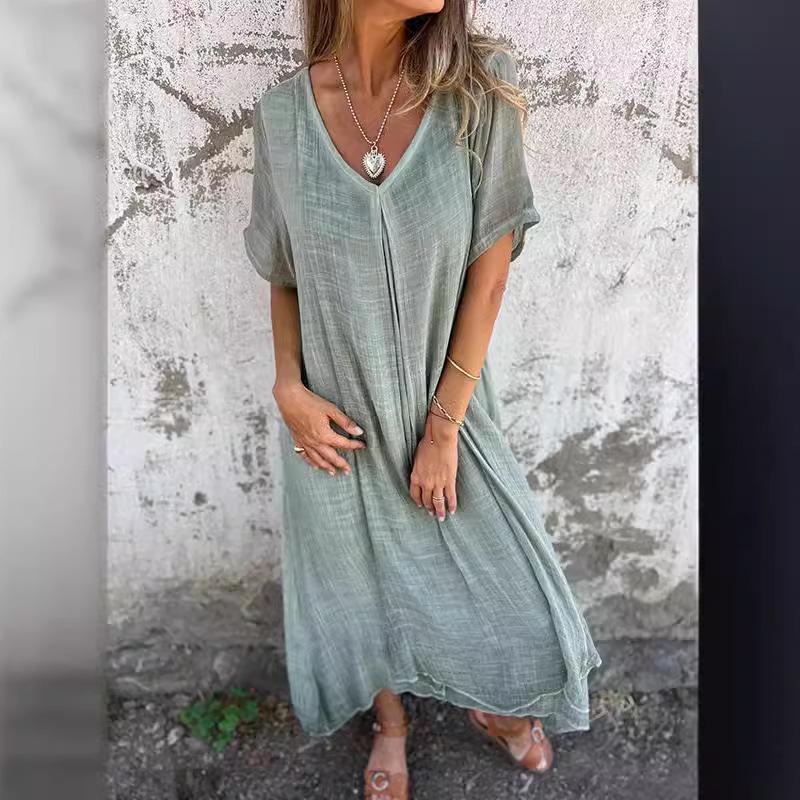 2025 Casual Spring/Summer V-Neck Solid Color Cotton Linen Short Sleeve Dress