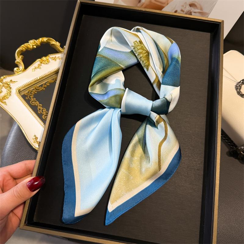 Printed imitation silk Magnolia silk scarf square scarf high-end shawl sunscreen neck small square scarf headscarf women's scarf