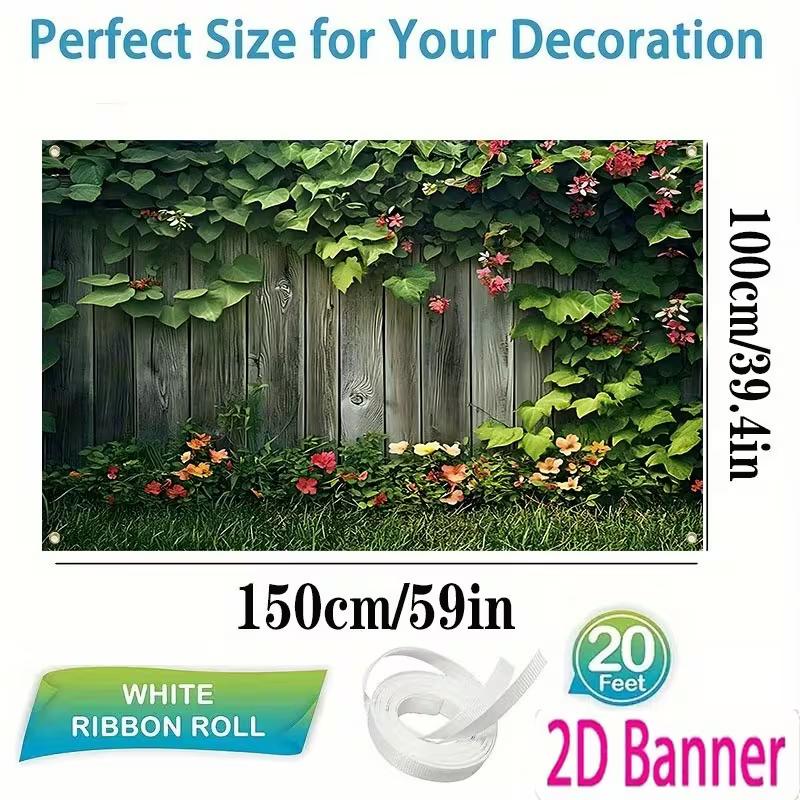 2D Vintage Garden Backdrop, Wood Fence with Lush Vines & Floral Background for Outdoor Themed Events & Studio