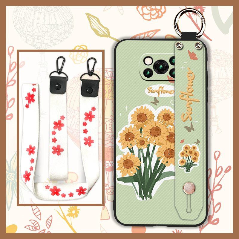 Anti-knock Protective Phone Case For Xiaomi Poco X3 NFC/X3 Pro Durable Oil Painting Phone Holder Wrist Strap Flower Ring