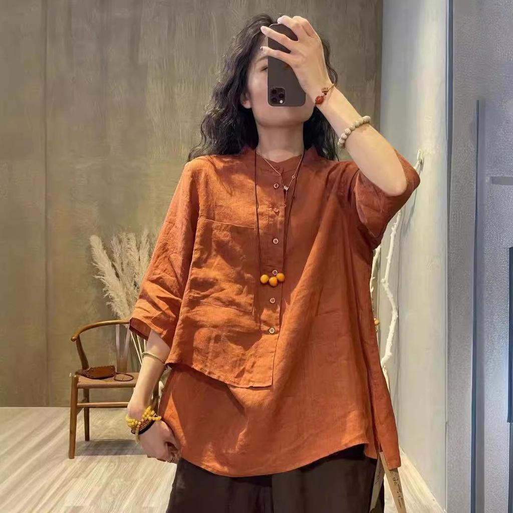 Women's Retro Cotton Linen Irregular Seven-Sleeve Shirt - 2024 Autumn Design, Flattering Loose Fit