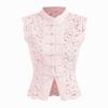 Women Tops Stand Collar Sleeveless Knot Button Short Tops Embroidery Lace Perspective Blouse Streetwear