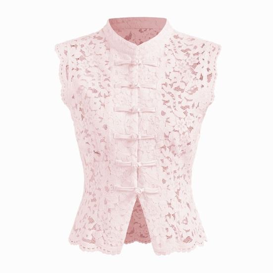 Women Tops Stand Collar Sleeveless Knot Button Short Tops Embroidery Lace Perspective Blouse Streetwear