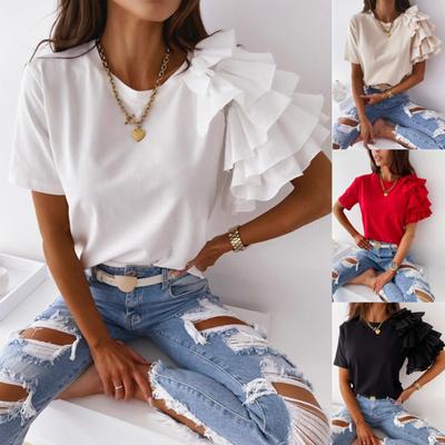 Mode Damen Bluse Einfarbig Lagenrüschen Kurzarm Asymmetrisches Lockeres T-Shirt Top für Sommer