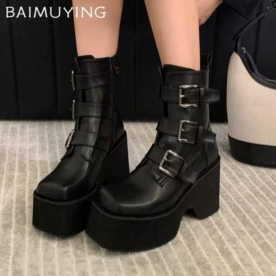 Square Toe Women Platform Ankle Boots High Heels Designer Buckle Shoes 2024 Trend Winter Pumps Motorcycle Boots Goth Botas Mujer