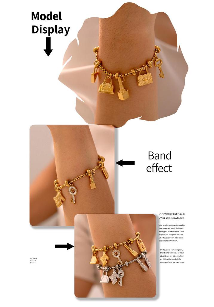 Trendy European & American Multi-Element Rhinestone Pendant Bracelet, Adjustable Retro 18K Gold-Plated Titanium Steel Jewelry