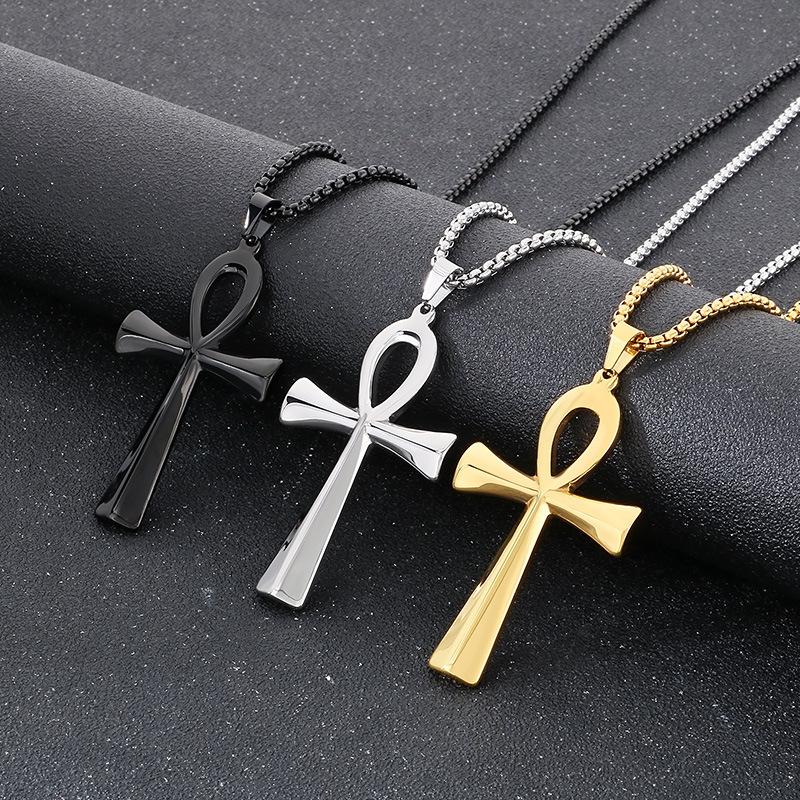 Vintage Anka Cross Necklace, Ancient Egyptian Life Talisman Glossy Titanium Steel Couple Pendant