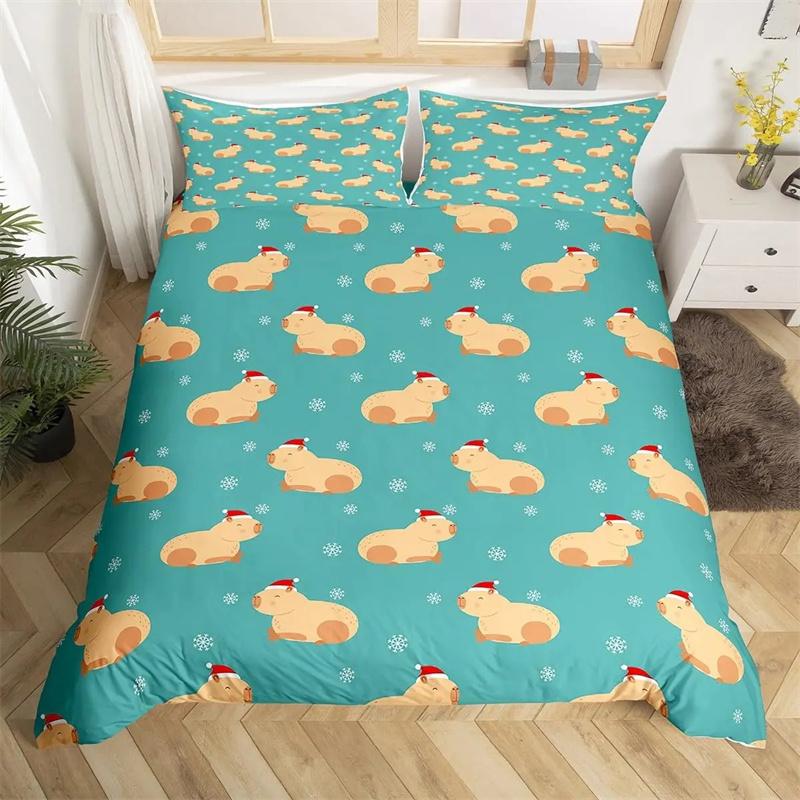 Cute Capybara Print Bedding Sets Full Kawaii Honey Bee Comforter CoverCartoon Animals Bed Set Red Love Heart Print Duvet Cover