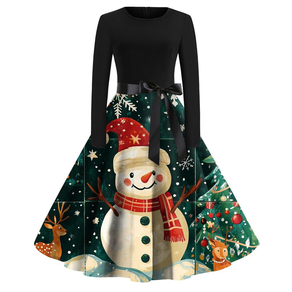 Women's Fashion Round Casual Slim Fit Christmas Print Large Swing Long Sleeve Dress