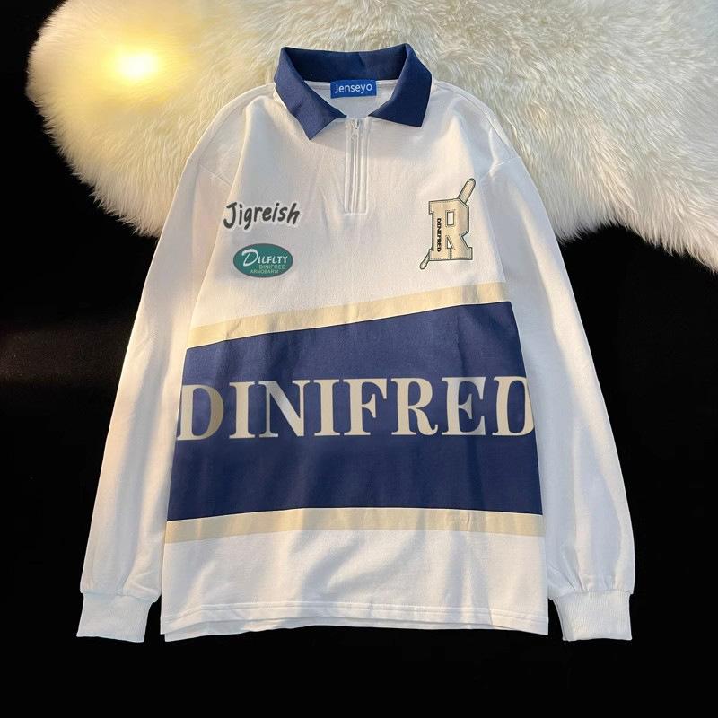 

Мужской пуловер поло на молнии до половины в стиле пэчворк, свободного кроя в гонконгском стиле, модная универсальная куртка на весну/осень. L (100-120 lbs) темно-синий