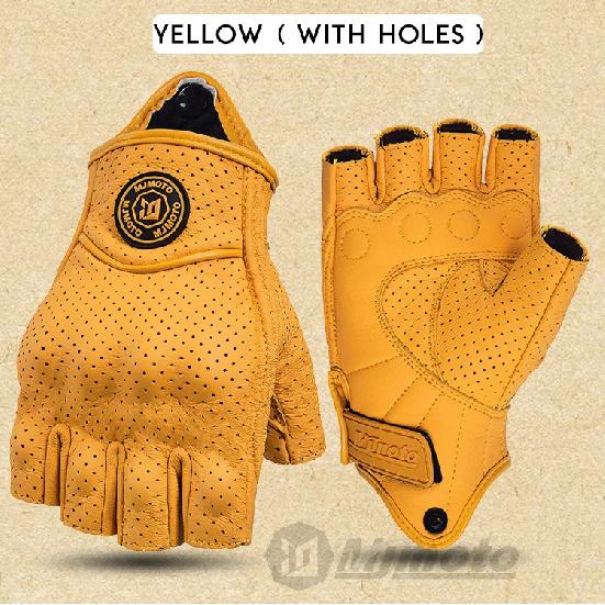 MJMOTO Retro Leder Motorrad Halbfingerhandschuhe Touchscreen Motocross Handschuhe Hartschalen Schutz Motorradhandschuh Atmungsaktiv