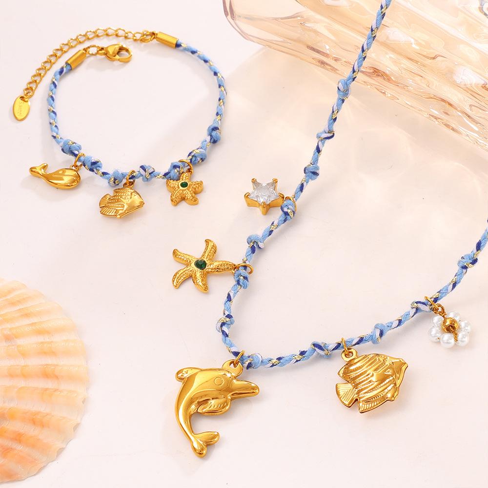 Blue rope woven ocean pendant niche starfish dolphin turtle multi-pendant necklace bracelet set