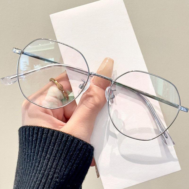 Ultra-light metal silver frame myopia glasses for women can be matched with degrees of anti-blue light, big face and thin online professional glasses