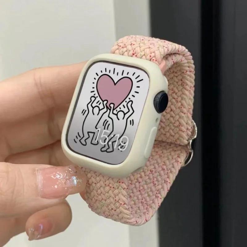 

Korean Cute Braied Strap + Case For Apple Watch Band 49mm 46mm 45 44 38 42 Nylon Bracelet For iWatch Series 10 9 8 7 6 5 4 3 SE For Series 789 45mm