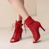 New High Quality Jazz Dance Shoes for Women's Sexy Red  Heels Ankle Boots Peep Toe Zipper Indoor Dancing  Sandals