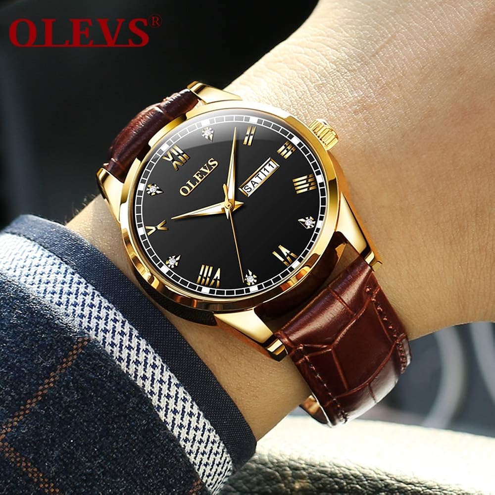 OLEVS Men's Ultra-Thin Analog Quartz Watch with Leather Strap and Date Display