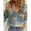 Women'S Map Print Shirt V-Neck Loose Short-Sleeved T-Shirt