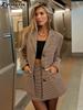 Vintage Check Blazer Mini Skirt Set Women Loose Stand Collar Small Blazer High Waist A-Line Half Skirt