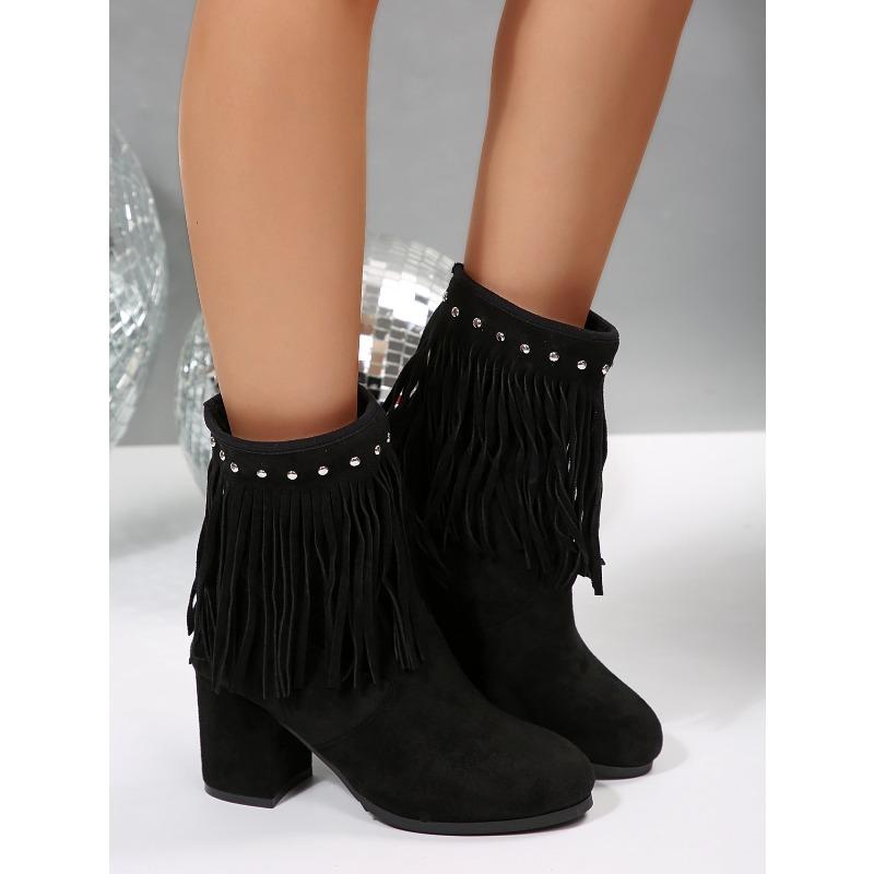 Rivet Suede Plus Size High Heeled Fashion Boots 2025 Winter New Fringed Boots for Women