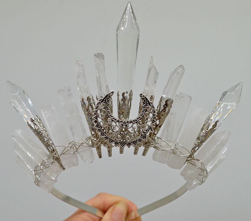 Retro Silver Moon Crystal Glass Crown Headband