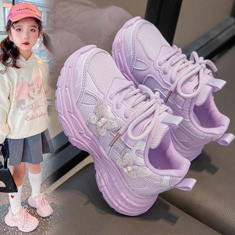 Girls Casual Sneakers With Bow Detail Mesh Upper Lightweight Non-Slip Sport Shoes Kids Ages 4-12