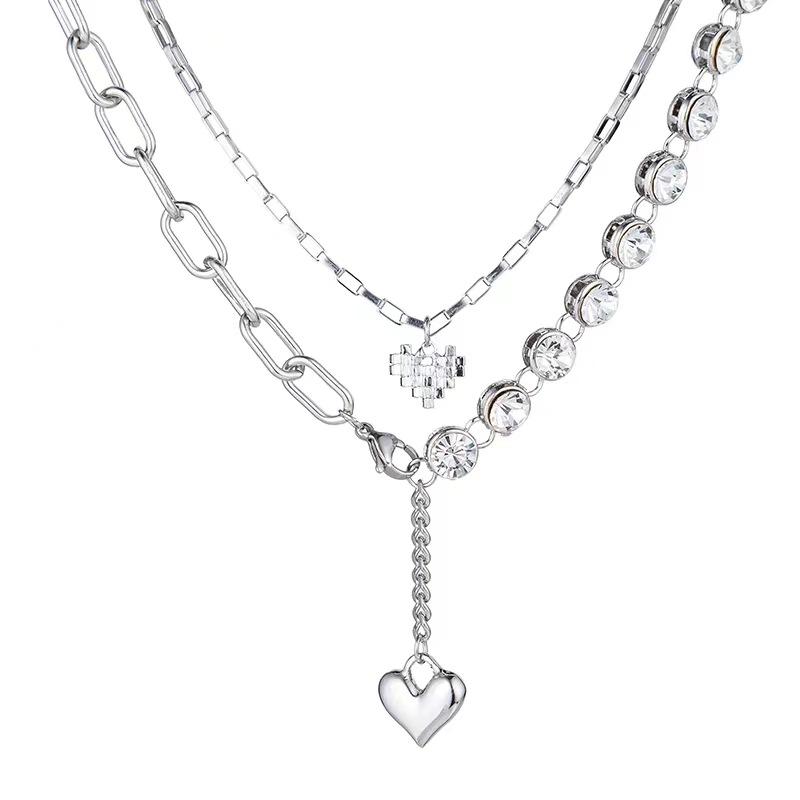 New women s neck chain collarbone chain design double-layer love inlaid rhinestone necklace