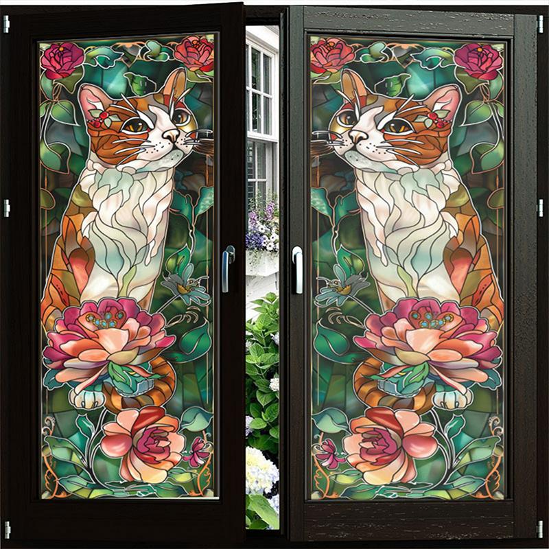European Retro Church Window Film Self-Adhesive Creative Cat Art Painting Stained Glass Film Home Decor Privacy Stickers