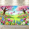Cartoon Spring Cherry Blossom and Flower Backdrop Kids Party Photo Booth Background Banner
