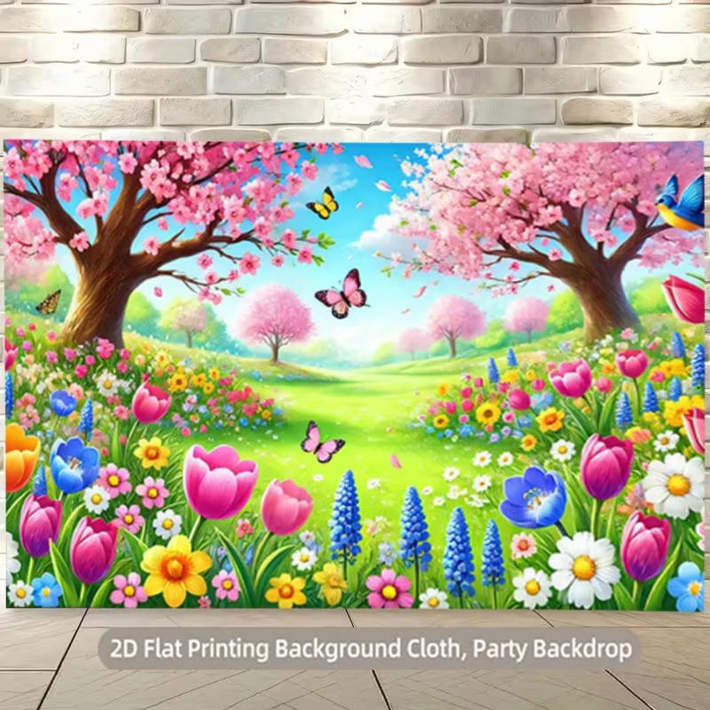 

Cartoon Spring Cherry Blossom and Flower Backdrop Kids Party Photo Booth Background Banner 47.2x31.5inch/120*80cm