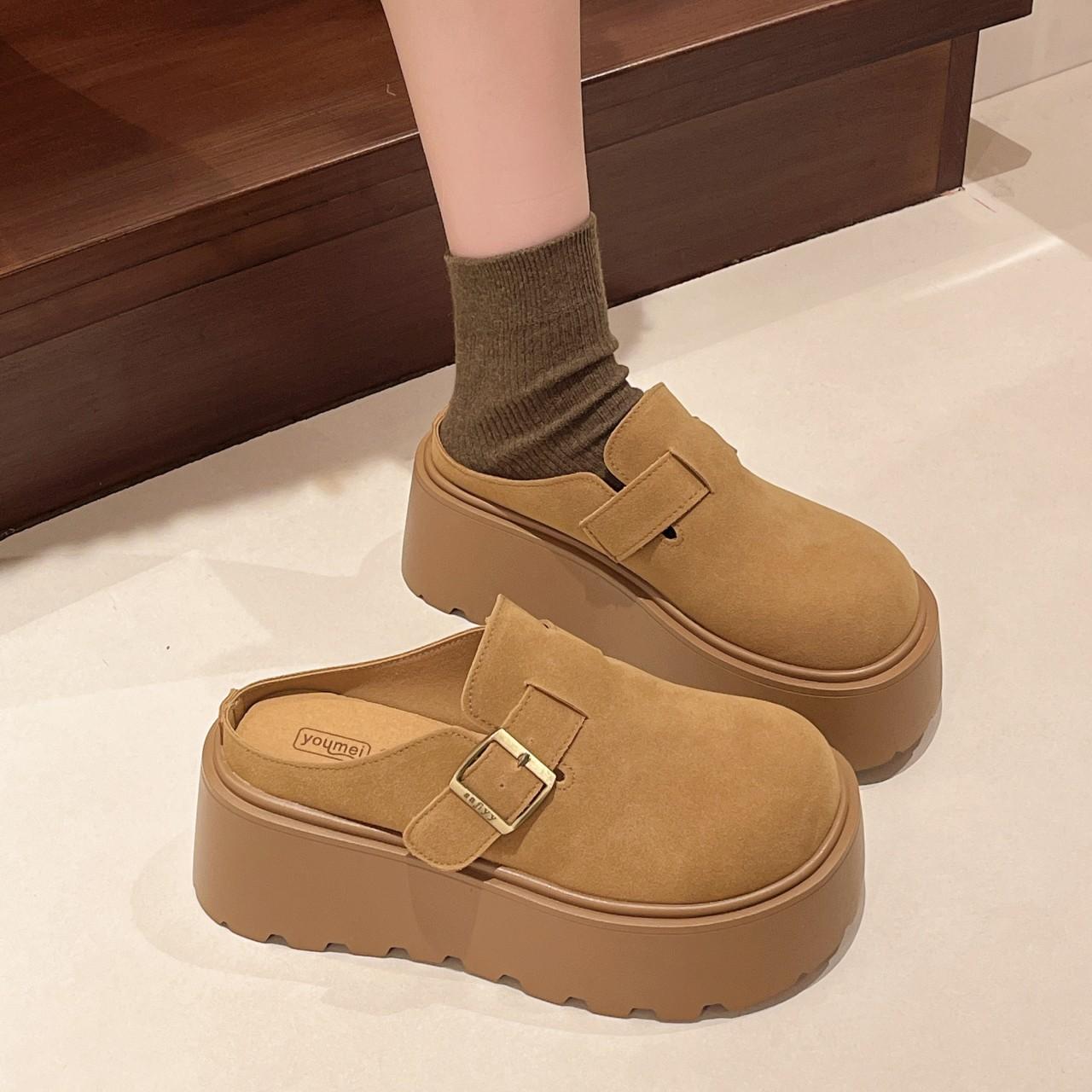 

Маленькая женщина толстая подошва новый весенний ретро матовый ленивый один педаль бокен сумка голова половина тапок 35 жёлтый