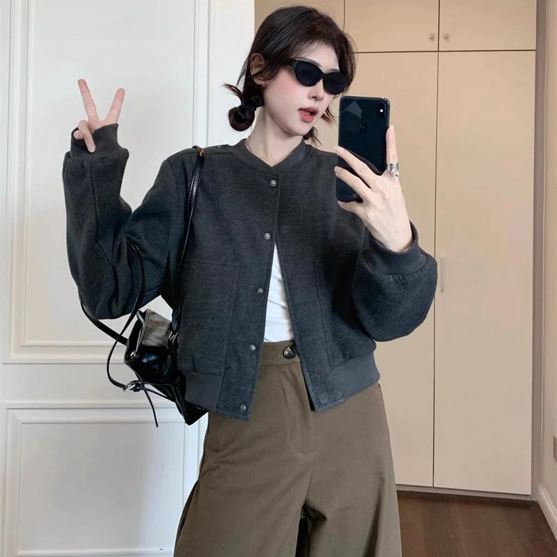 

Шерстяная бейсбольная куртка-бомбер для женщин на осень-зиму 2025, новая, с коротким характером S серый