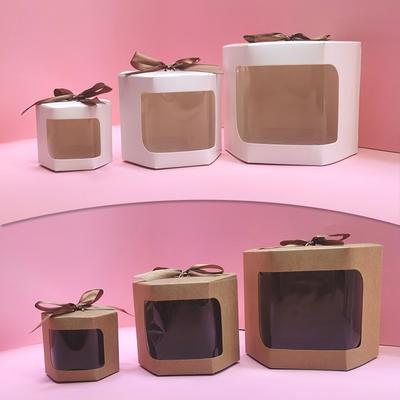 Hexagon Cake Box Transparent Window Gift Boxes Kraft Paper Packaging Box For Candy Pastry Cookie Wedding Birthday Party Supplies