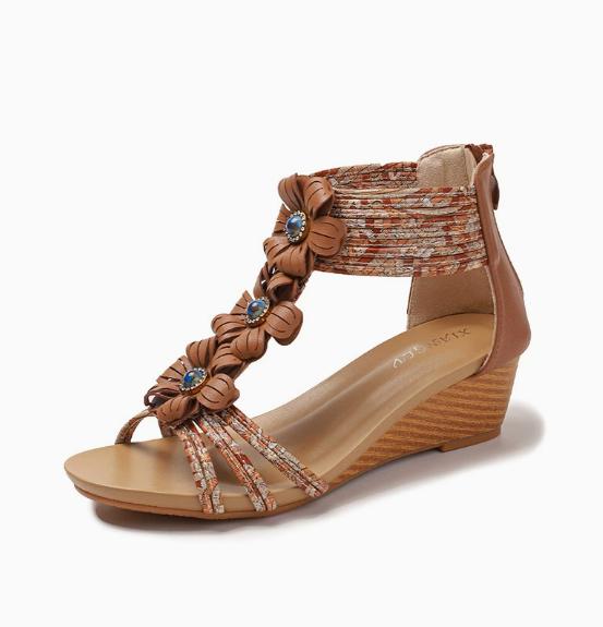 Zomer Retro Roma Dames Sandalen Dames Open Teen Bloem Wig Zool Achterband Schoenen Vrouwen Casual Smalle Band Schoenen 37 brown