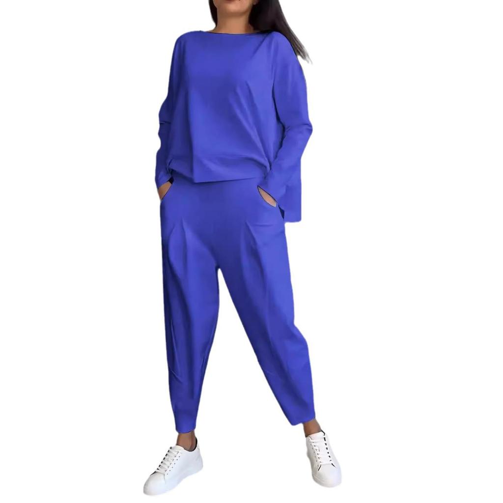 2025 Women's Solid Color Round Neck Long-Sleeve Suit with Pocket Pants