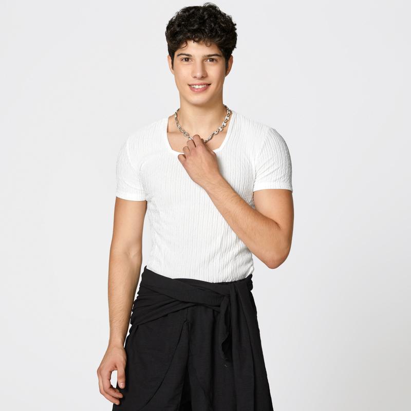 INCERUN Summer Men Square Collar Texture Fitted Casual T-shirts Tops Undershirts