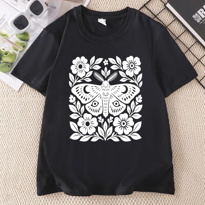 Boho Cottagecore T Shirts Moth Block Print Tshirt Unisex Short Sleeve Tshirt Casual Round Neck Tees Streetwear