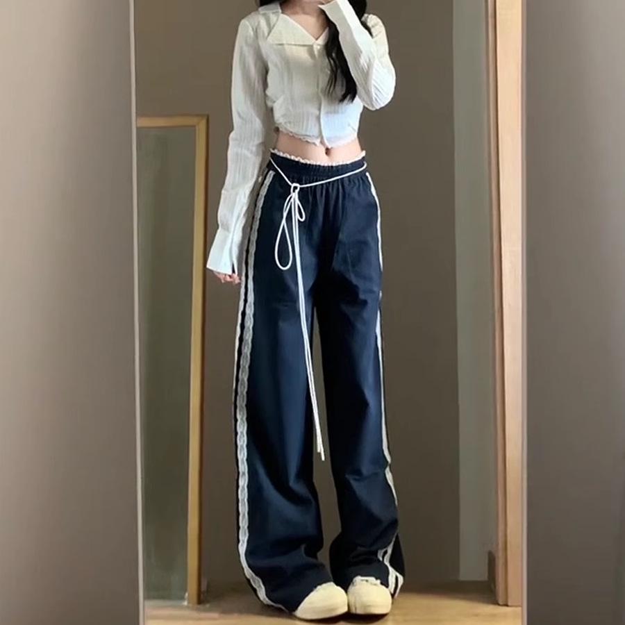 2025 Women's High Waist Lace Trim Wide Leg Casual Pants - Early Autumn