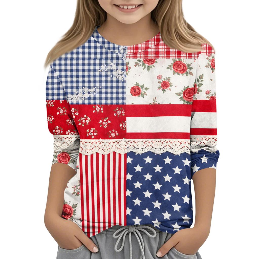 Children's Independence Day Printed Round Neck Seven Quarter Sleeve Casual T-shirt