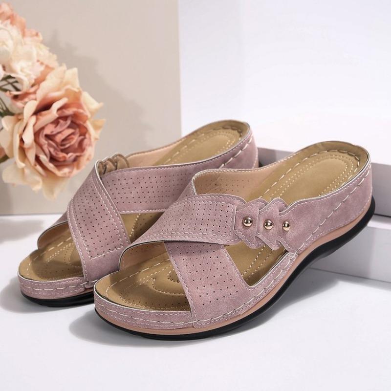 New Slope Heel Flat-bottomed Casual Slippers Women's Cross Strap Solid Color Versatile Shoes