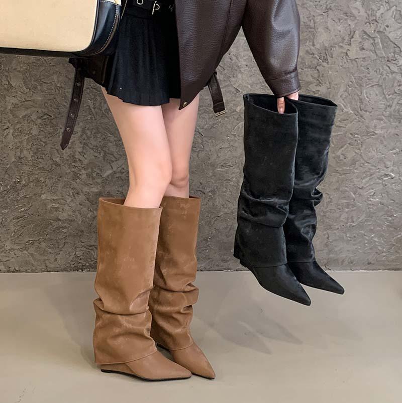 Song Xixi 2025 new pointed heel trouser tube boots pleated Spice Girl long boots high heel but knee straight high boots