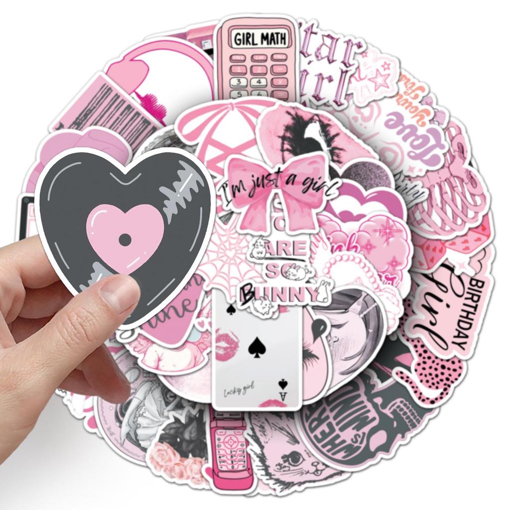 50 Sweet Pink Korean Style Waterproof Stickers for Helmets, Journals & Luggage