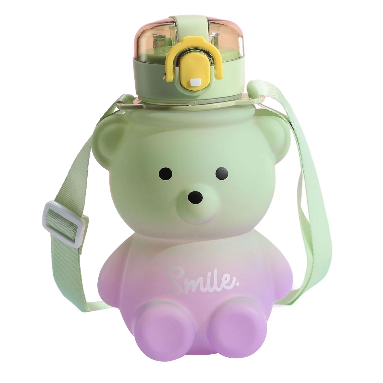 800ml Kawaii Stroh-Wasserflasche mit Seil Tragbarer Bär Farbverlauf Wasserbecher Großes Fassungsvermögen Auslaufsicher Trinkbecher für Kinder Mädchen 800ml gray