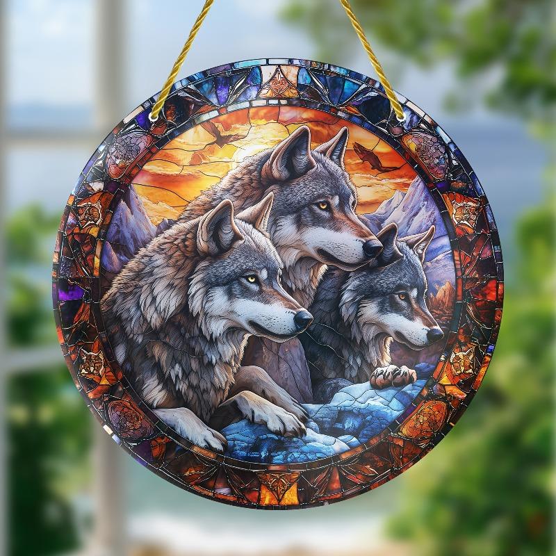 2D Flat Bohemian Style Three Wolves Mountain Scene Acrylic Decoration Sign, Stained Glass Design, Home Decor Plaque Hanging Wall Art Decorative Garden