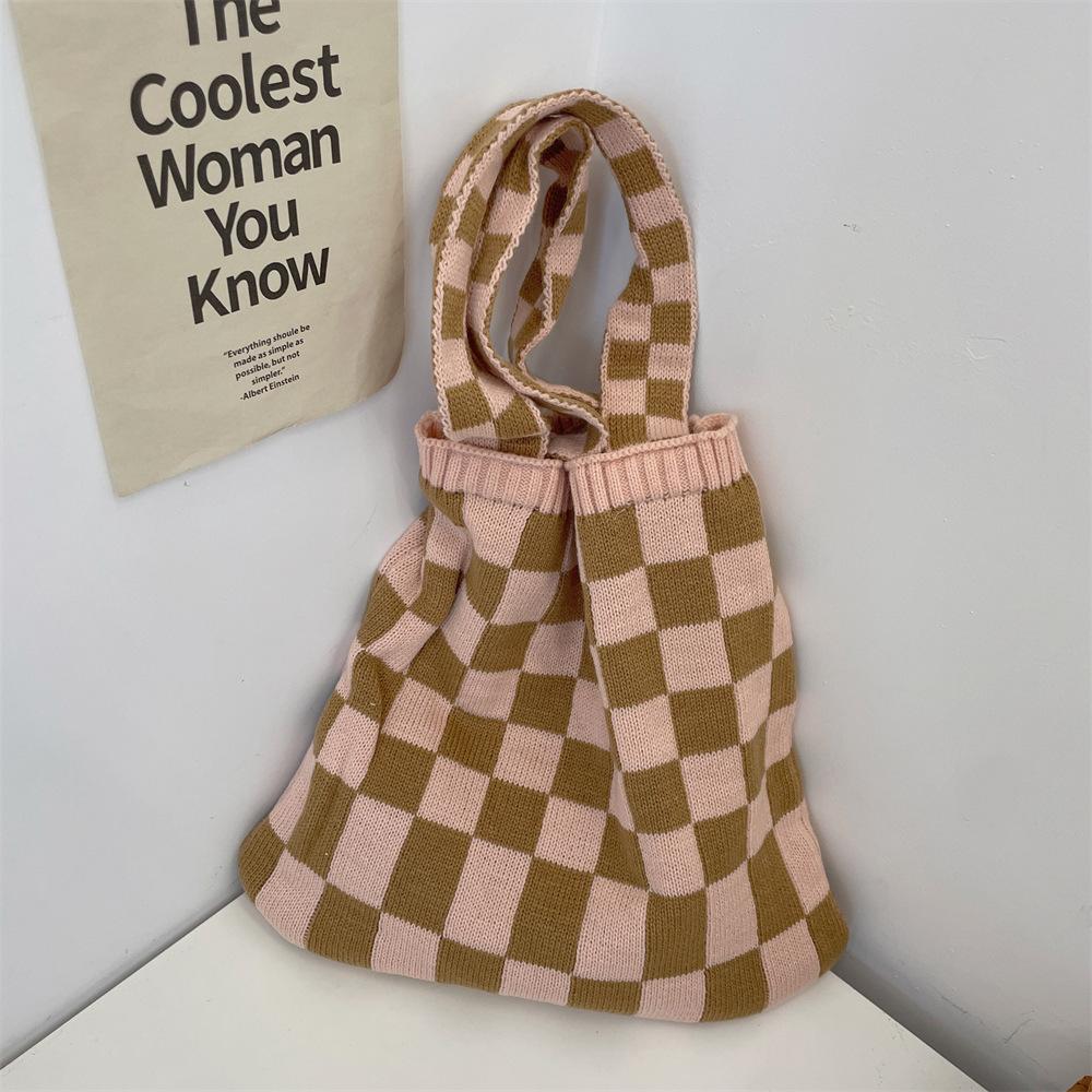 11 Knitted Checkerboard Bag Women's Autumn and Winter New Casual Tote Bag Large-capacity Portable Canvas Bag