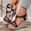 Foreign trade thick-soled wedge sandals women's European and American new woven hemp rope elastic band bohemian high heels