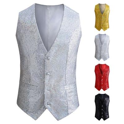 Gilet da uomo con paillettes lucide, senza maniche, vestibilità attillata, cardigan monopetto, scollo a V, fibbia posteriore regolabile, spettacolo sul palco, presentatore, performance, gilet da uomo