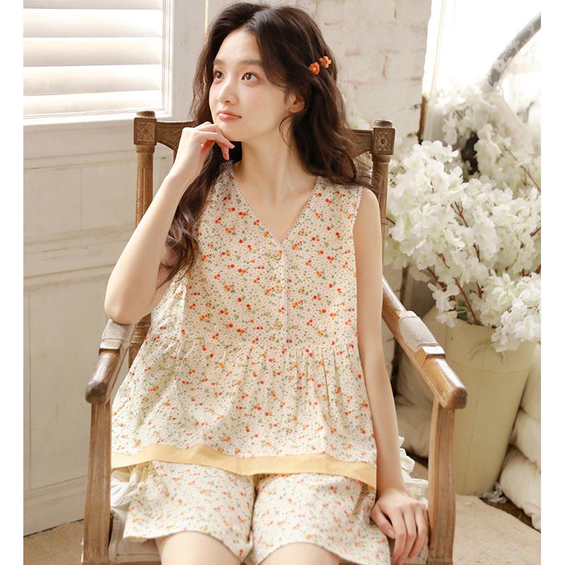 Pajamas women's 1011 new summer thin cute floral sleeveless can be worn outside women's short-sleeved loungewear set 19
