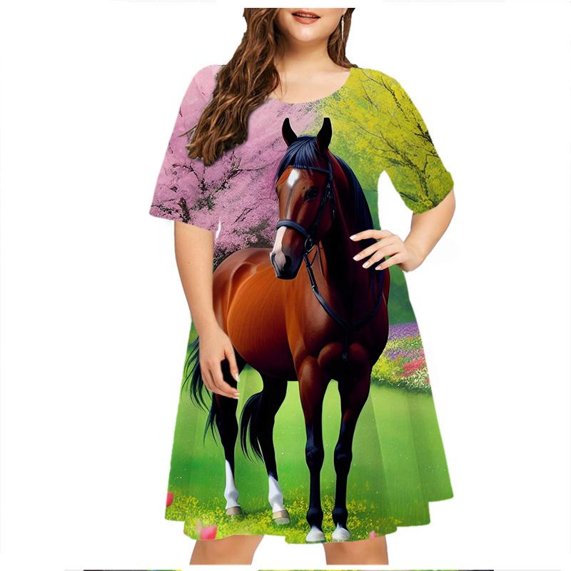 Grassland Running Animals Horse Dresses For Women Clothes Oversized Summer Casual Short Sleeve Print Dress Loose Plus Size Dress
