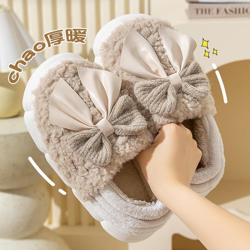 Bow Cotton Slippers Women's New Winter Bag Heel Fashion Warm Wool Cotton Shoes