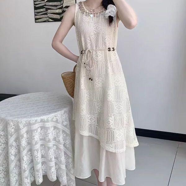 Popular Resort-Style Lace Cutout Sleeveless Dress with Ethnic Lace-Up Vest